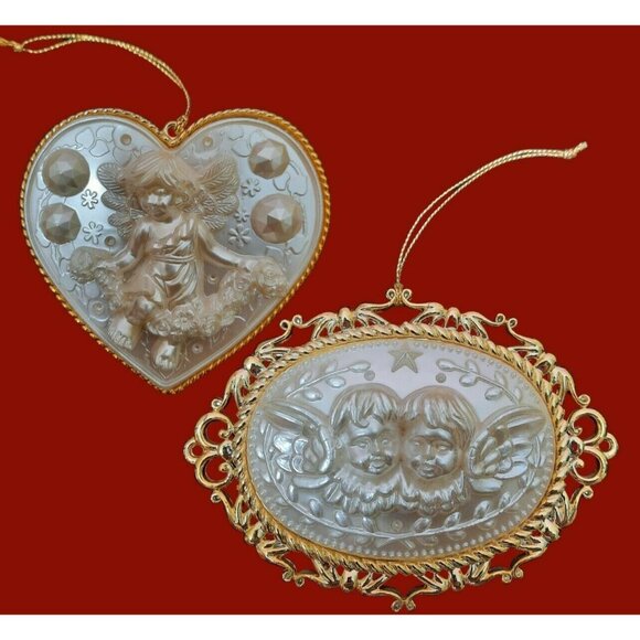Vintage 70s Cherub Christmas Ornaments Ornate Gold Framed White Plastic Resin - Picture 1 of 6
